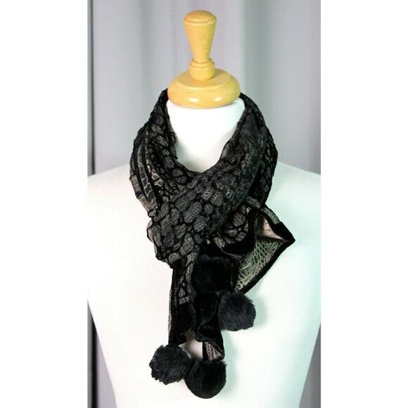 Sz 13"x61" ITALY BLACK GRAY CHIFFON VELOUR SILK BLEND BURNOUT POM POM SCARF (F66 - Picture 5 of 9